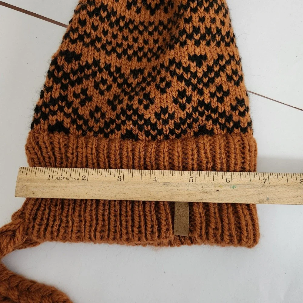 Krochet Kids Brown Black Fair Isle Crochet Knit Beanie Hat with Pom Pom & Tassel